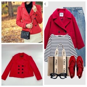 INC Knit Double Breasted Cropped Red Pea Coat